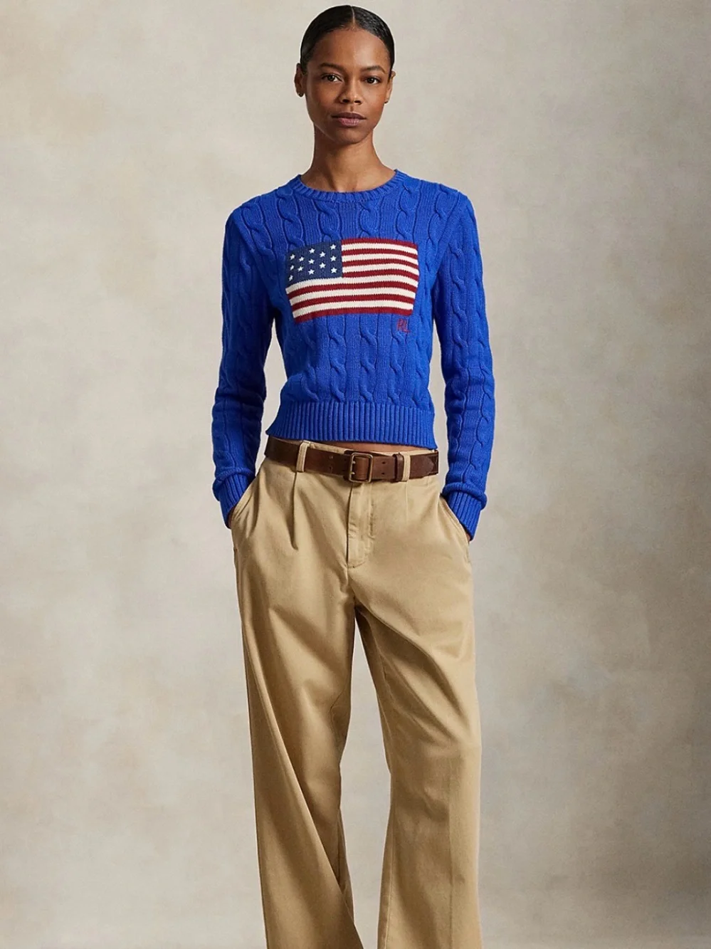 NWT Blue Cable-Knit Sweater with Flag Motif